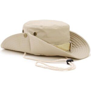 Unisex Cream 100% Cotton Wide Brim Boonie With Chin Strap Classic Bucket Sun Hat